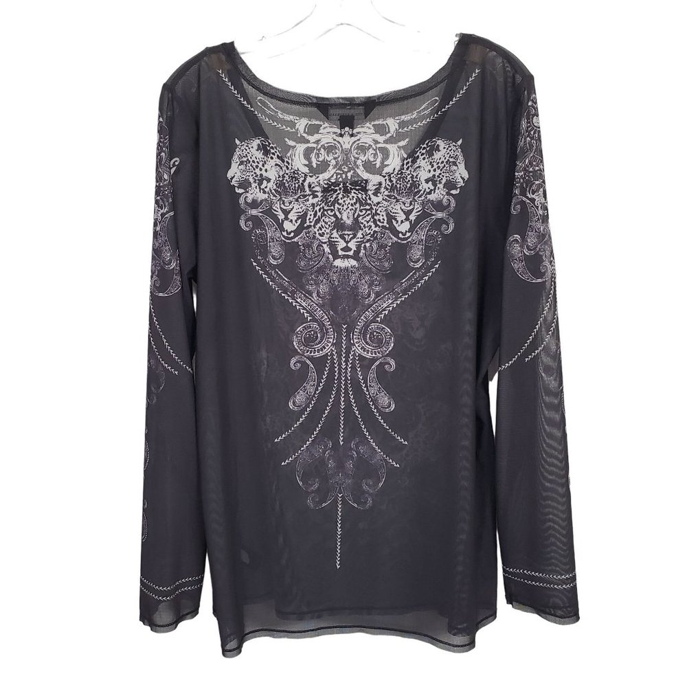 Rock & Republic Size XL Shirt Sheer Mesh Cheetah Head Print Long Sleeve Pullover - Picture 3 of 9